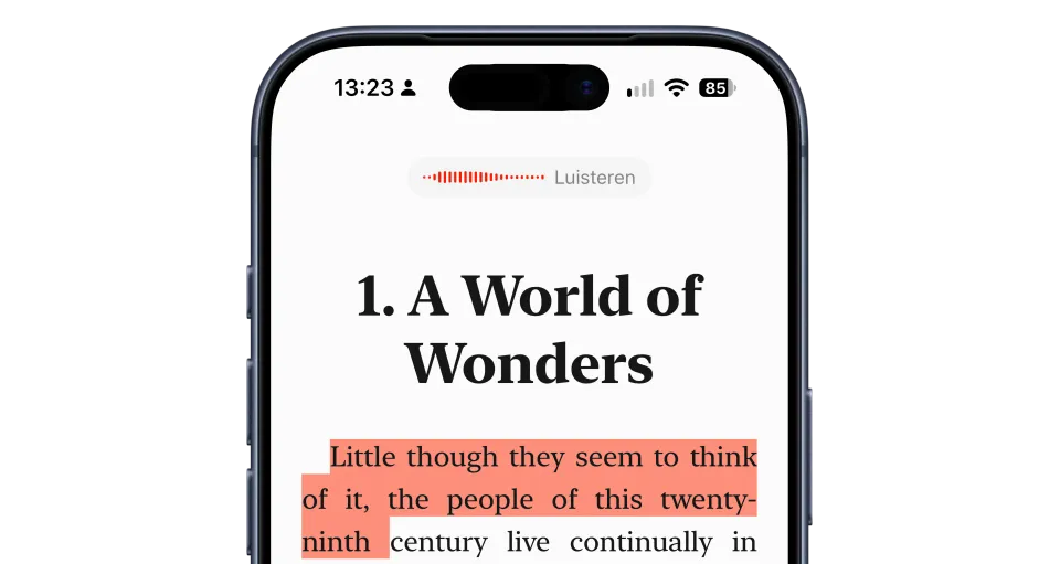 Rise’s book question controls and active listening waveform on iPhone, with the current passage highlighted.